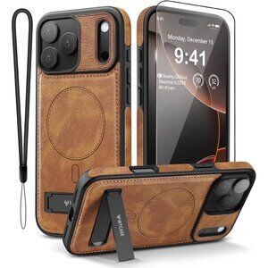 Brown Iphone 17 Pro Max Invisible Stand Protective Slim Kickstand Leather Case